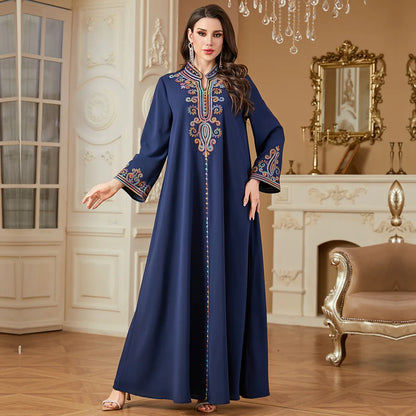 Dubai Muslim New Fashion Women's Embroidereid Long Sleeve V-neck Loose A-line Ankle Length Dresses Female Trendy Elegant Clothes