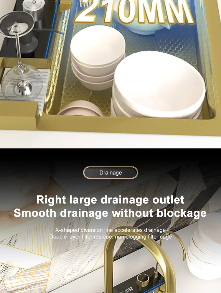 Golden Stainless Steel Waterfall Kitchen Sink Gold Embossed Extra Large Single Slot Digital Display Dishwashing Basin 100x50cm