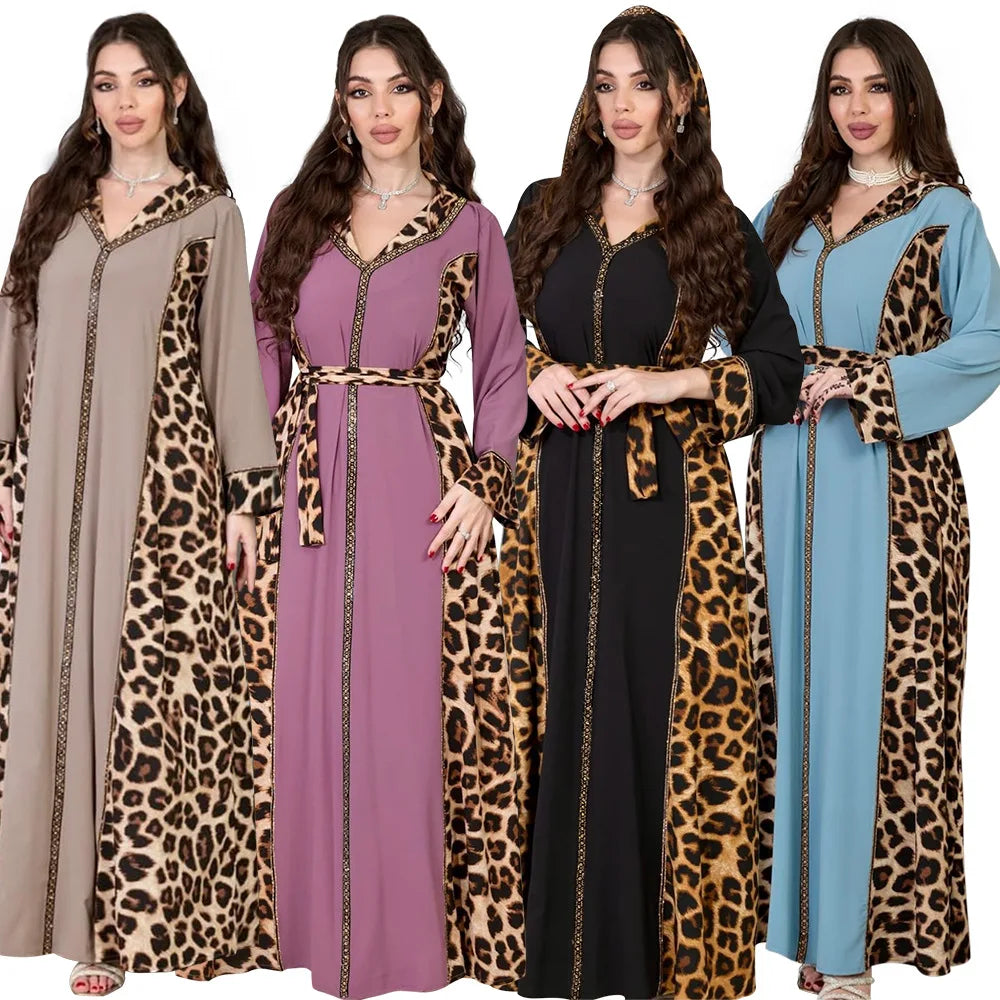 Elegantes arabisches Frauen-Partykleid, afrikanischer V-Ausschnitt, Leopardenmuster, langärmelig, Abaya, modische muslimische Dame, Urlaubskleid, islamische Kleidung.