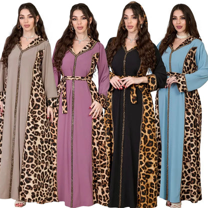 Elegantes arabisches Frauen-Partykleid, afrikanischer V-Ausschnitt, Leopardenmuster, langärmelig, Abaya, modische muslimische Dame, Urlaubskleid, islamische Kleidung.
