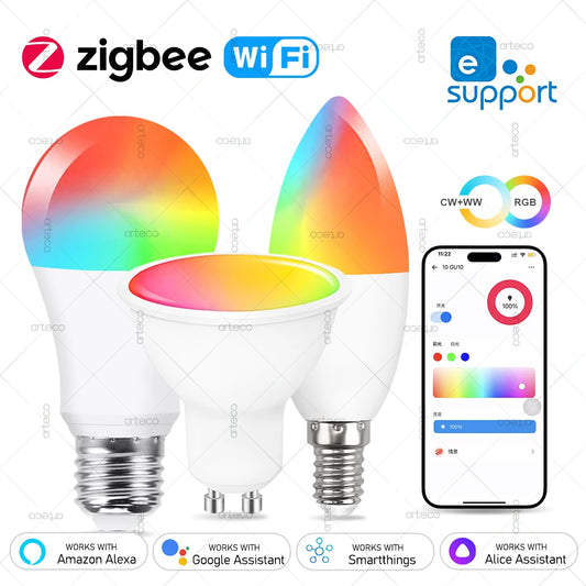 EWelink E27 E14 GU10 Smart Bulb WiFi Zigbee, dimmbare LED-Glühbirne RGB CW-Lampe funktioniert mit Alexa Amazon Google Home Yandex Alice.