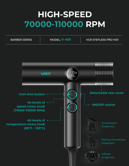 VGR Hair Dryers Professional Air Blower Negative Ion Hair Dryer 110000 RPM Hair Dryer Machine BLDC Motor Barber Salon V-401.