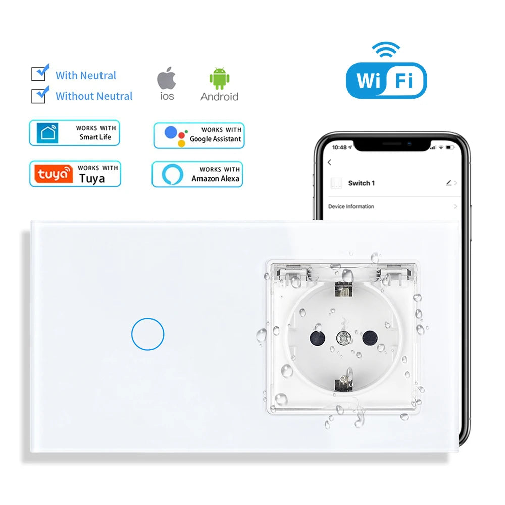 SRAN Smart Switch mit Wandsteckdose 16A EU, Tuya Smart Life Home Touch Sensor WiFi Lichtschalter Weiß