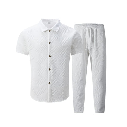 A fashionable and trendy two-piece short-sleeved shirtwithlong pants is perfect for men's daily casual wear in spring and autumn.