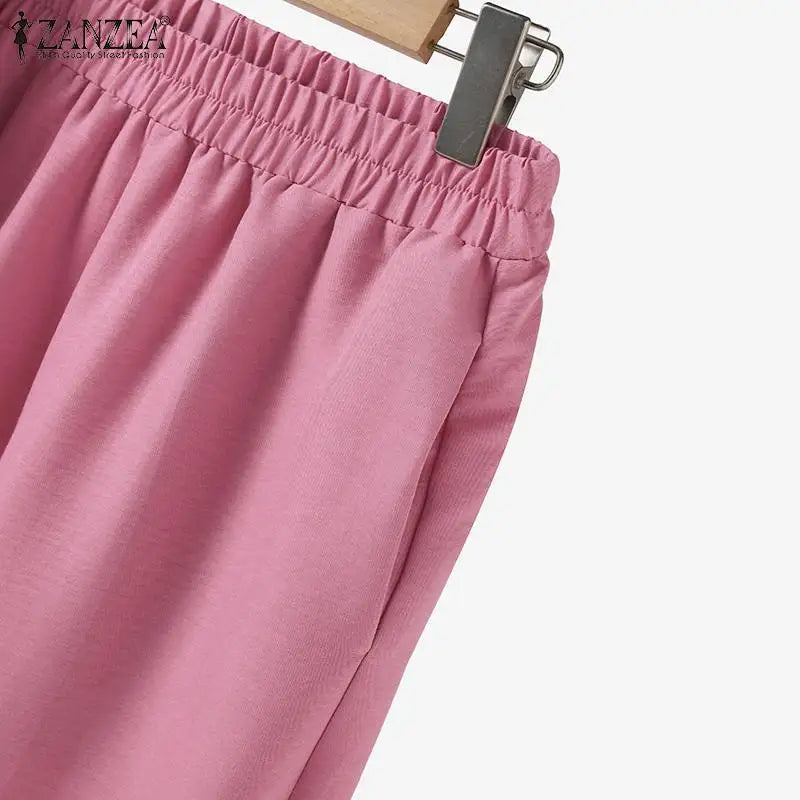 ZANZEA Women Elastic Waist Trouser 2pcs Tracksuit Muslim Fashion Long Sleeve Ruffles Tops Turkey Pant Sets Elegant Matching Sets.