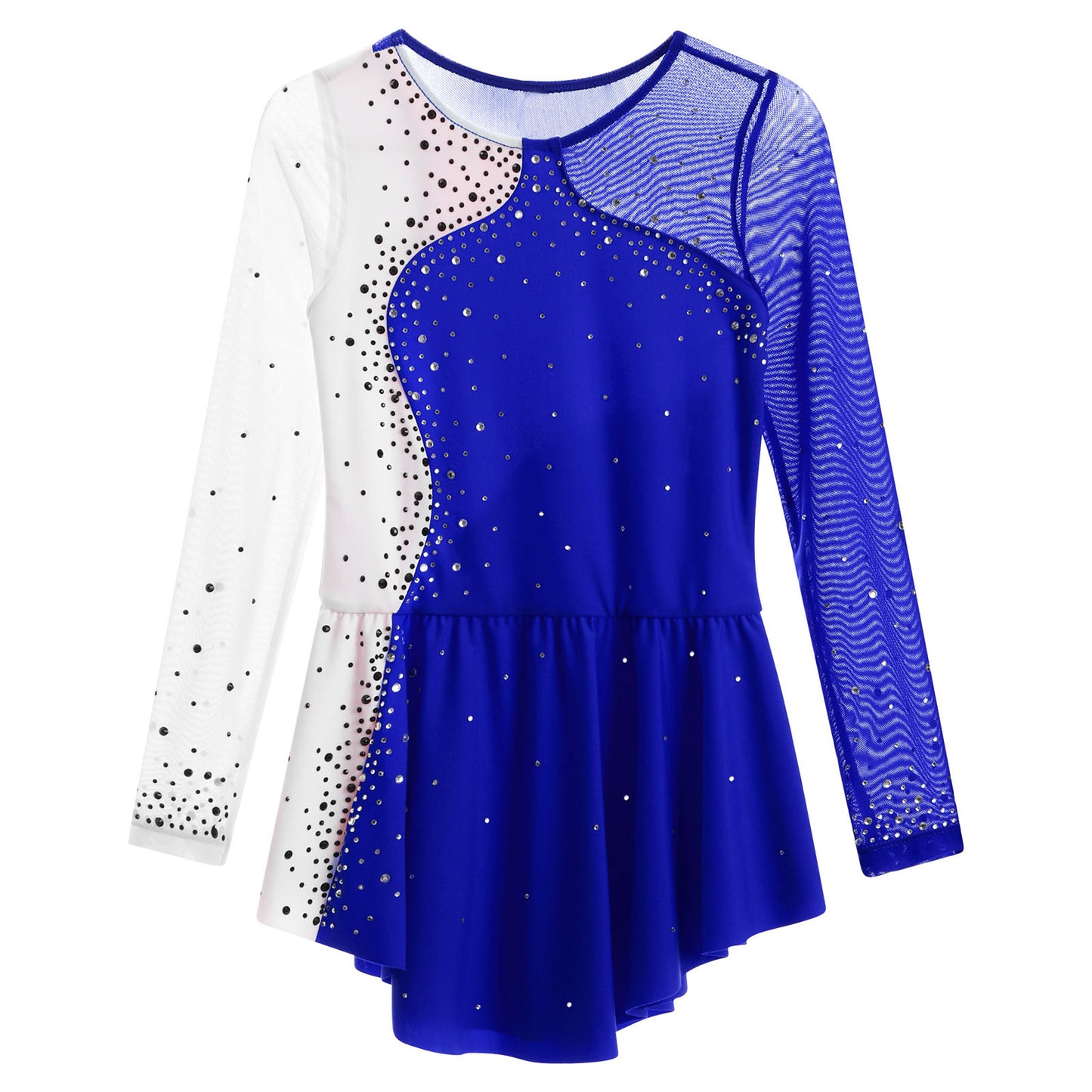 6-16Y Mädchen Eiskunstlauf Tanz Kleid Ballett Gymnastik Trikot Langarm Shiny Strass Sheer Mesh Leistung Dancewear