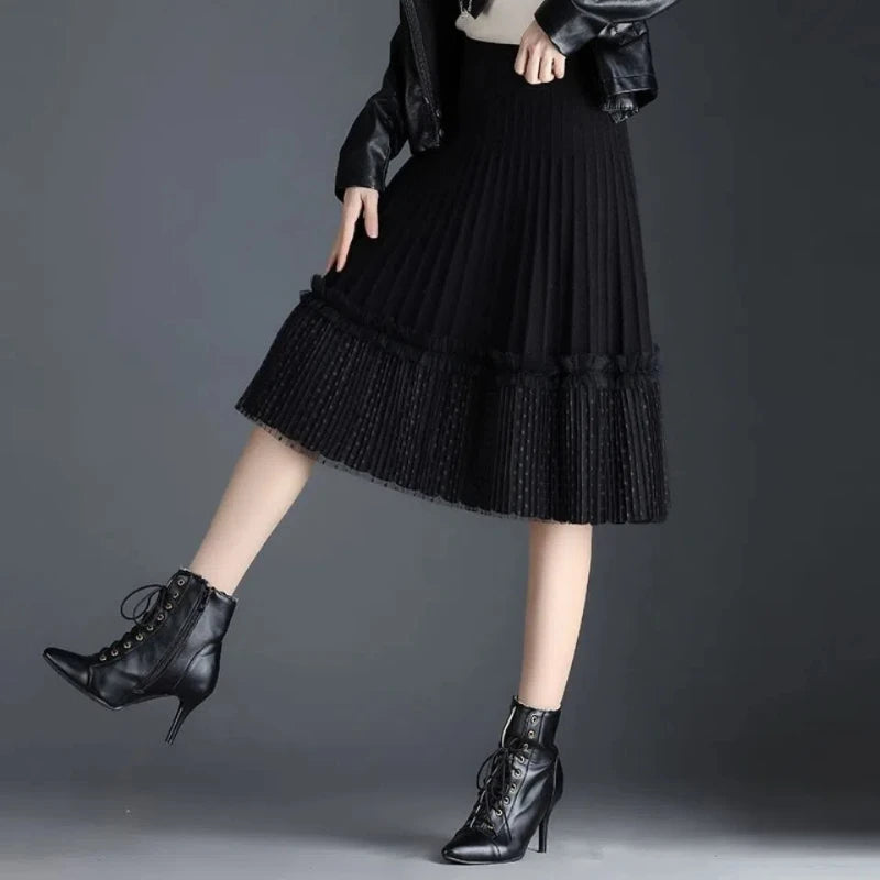 Korean Fashion Autumn Winter Women Solid Elastic High Waist Lace Patchwork Simplicity Mid-length A-line Pleated Knitted Skirt.