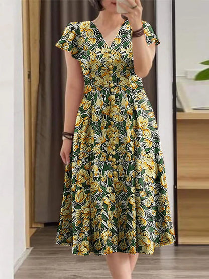 ZANZEA Elegante Frauen Floral Print Midi Kleid Sommer 2025, Casual Rüschen Kurzarm V-ausschnitt Vestidos Mode Cinched Taille Roben.