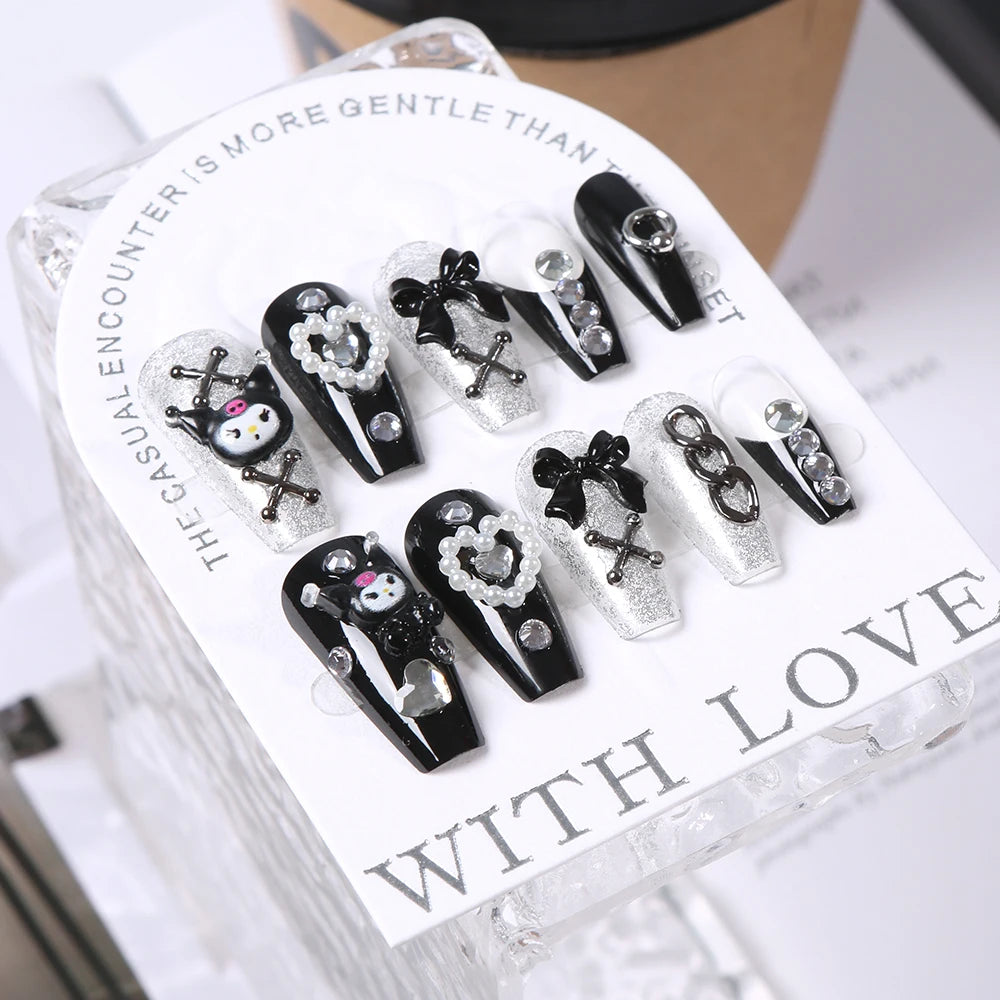 24Pcs 3D kuromi press on nails Y2K Cartoon Handmade Fake Nails Black Gel nail Wearable Nails Cinnamoroll Melody Anime False Nail.