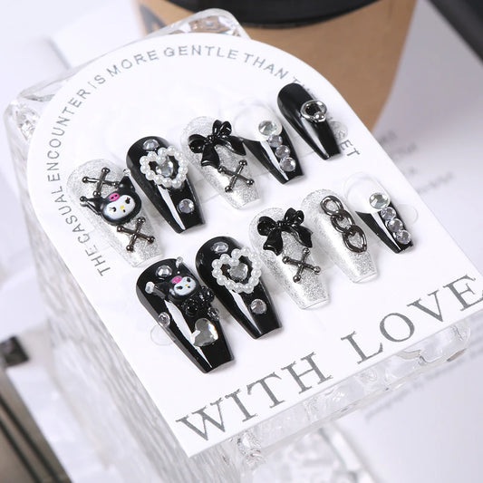 24Pcs 3D kuromi press on nails Y2K Cartoon Handmade Fake Nails Black Gel nail Wearable Nails Cinnamoroll Melody Anime False Nail.