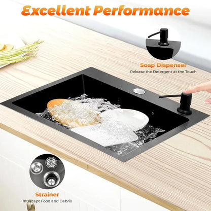 45 x 40 cm schwarzes Nano-Waschbecken, Einzelwaschbecken, kreatives Küchenspülen-Set aus Edelstahl, großes Fassungsvermögen, Wohnaccessoires