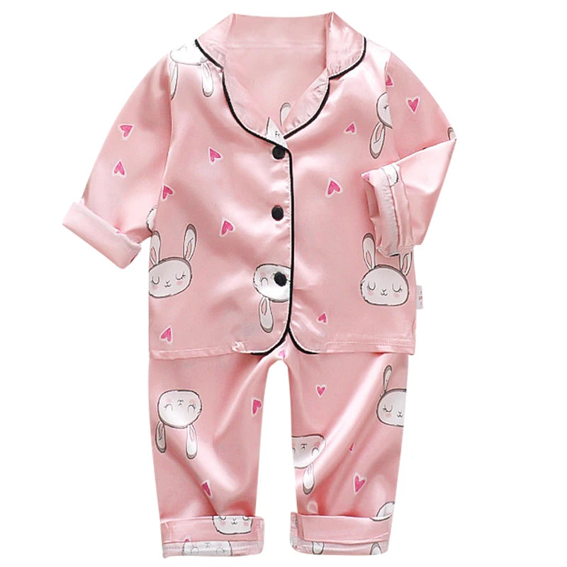 Koreanische Version des Kinder-Pyjama-Sets aus Seidensatin mit langen Ärmeln und Hose, zweiteiliges einfarbiges Cartoon-Set für männliche Babys