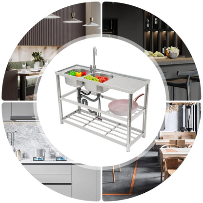 Dual Sink Stainless Steel Sink, Large Capacity, 360° Rotating Faucet, Raised Edges, Layered Filtration for Kitchens