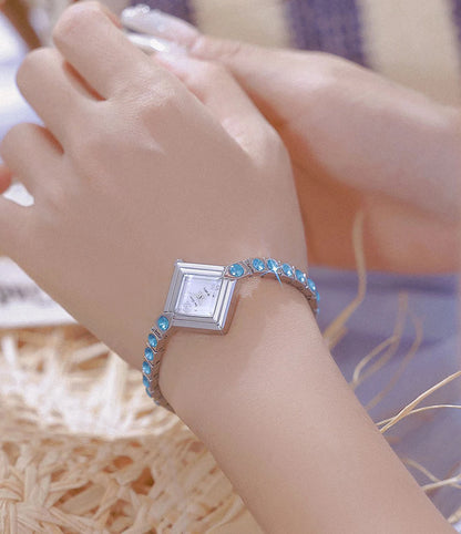 Luxury Women's Watch Square Dial Blue Rhinestones Bracelet Waterproof Fashion Elegant Wristwatch for Women Daily Wear Gifts.