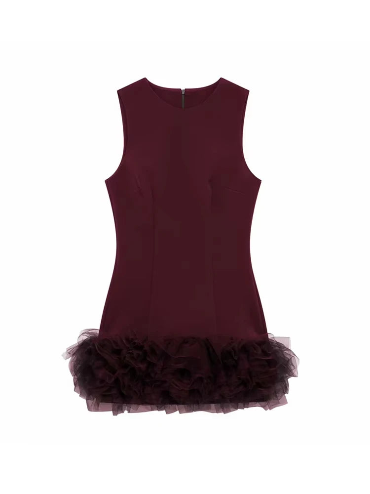 TRZA Wome Mode Mit Tüll Mini Kleid O Neck Ärmellose Zurück Zipper Weibliche Kleider Vestidos Mujer.