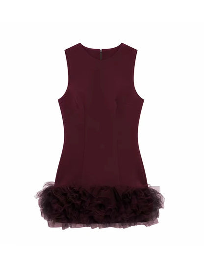 TRZA Wome Mode Mit Tüll Mini Kleid O Neck Ärmellose Zurück Zipper Weibliche Kleider Vestidos Mujer.