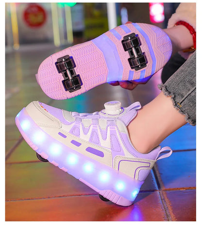 Children Four Wheels Luminous Glowing Sneakers Black Pink Led Light Roller Skate Shoes Kids Led Shoes Boys Girls USB Charging.