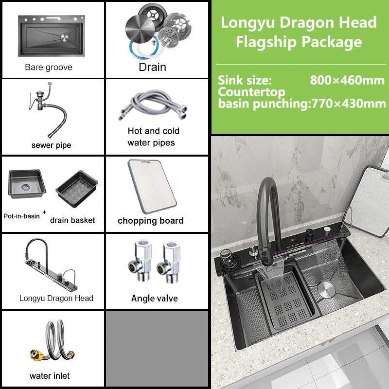 Küchenspüle, Wasserfallspüle aus Edelstahl, Digitalanzeige, große Einzelschüssel mit Multifunktions-Wasserfall-Wasserhahn, Waschbecken