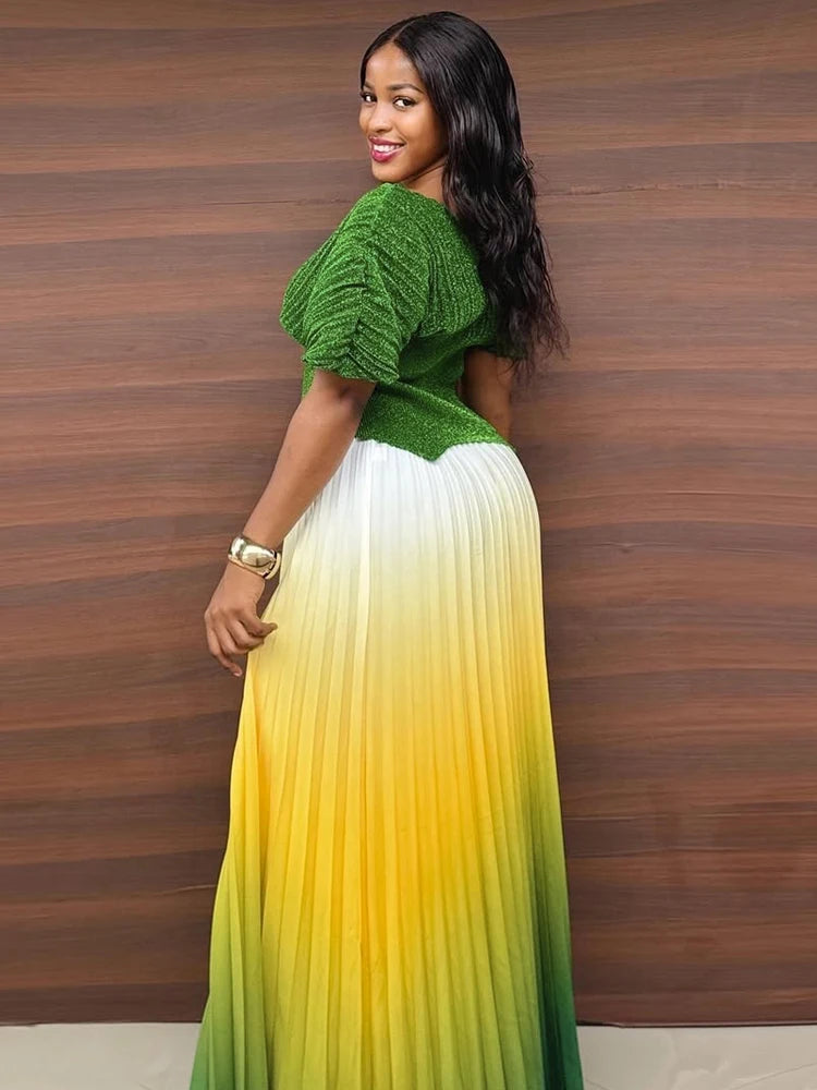 Women Plus Size Gradient Color Long Skirts And Tops Pleated 2 Piece Outfit Luxury Dubai Prom 2025 Casual For Female Fashion Sets.