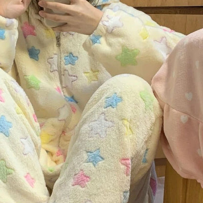 Y2k Star Printed Pajama Sets Women Winter Coral Velvet Soft Warm Loose Gentle Girlish Kawaii Student Dormitory Sleepwear Comfort.