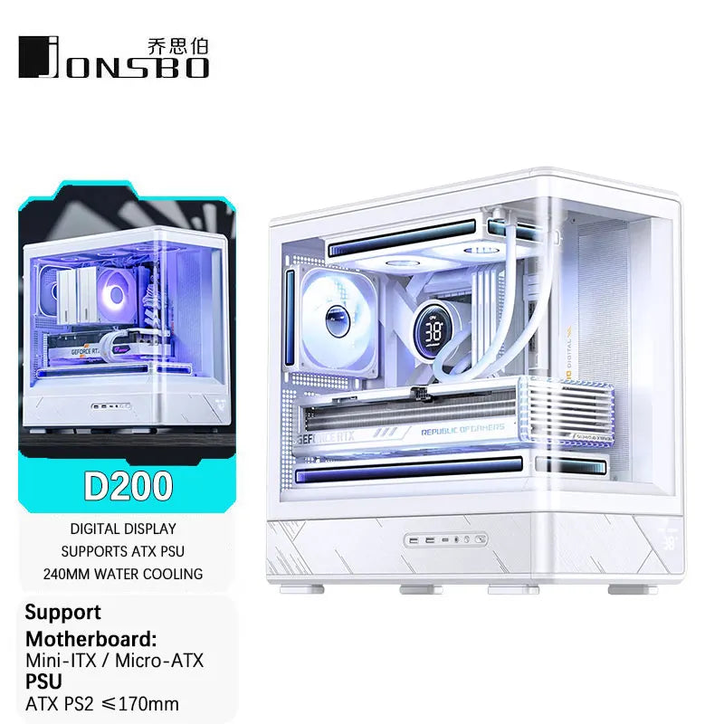JONSBO D200 MATX Case (Column-Free Curved Sea View/240 Radiator/ATX Power Supply/Digital Display/Type-C Gen2 10Gbps+).