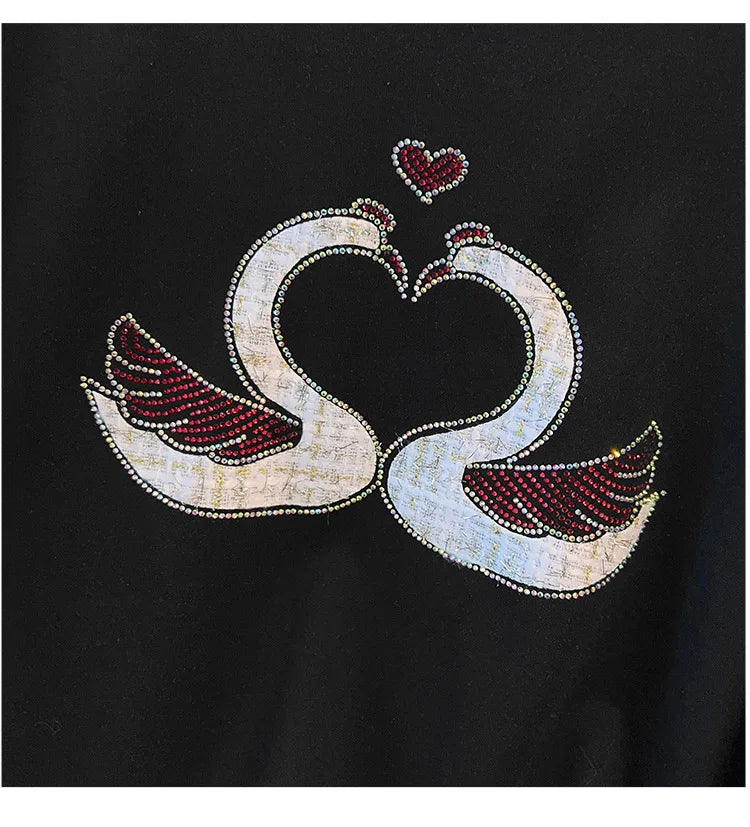 175 kg Übergröße Damen Büste 170 Herbst Lose Rundhals Langarm Diamant Schwan Sweatshirt Schwarz Weiß 5XL 6XL 7XL 8XL 9XL