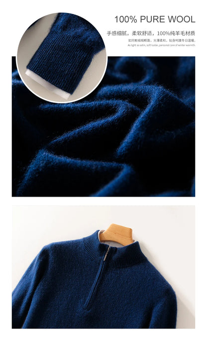 Autumn Winter Men's 100% Merino Wool Sweater Mock Collar Half Zip Knitted Pullover Cashmere Sweatshirt Casual Long Sleeved Tops