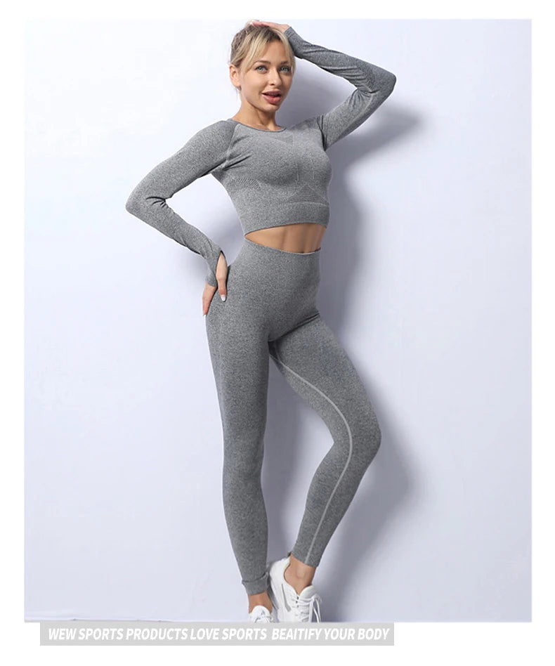 Women Yoga 2 Pieces Workout Outfits Seamless High Waist Leggings Sports Crop Top Running Clothes Sets.