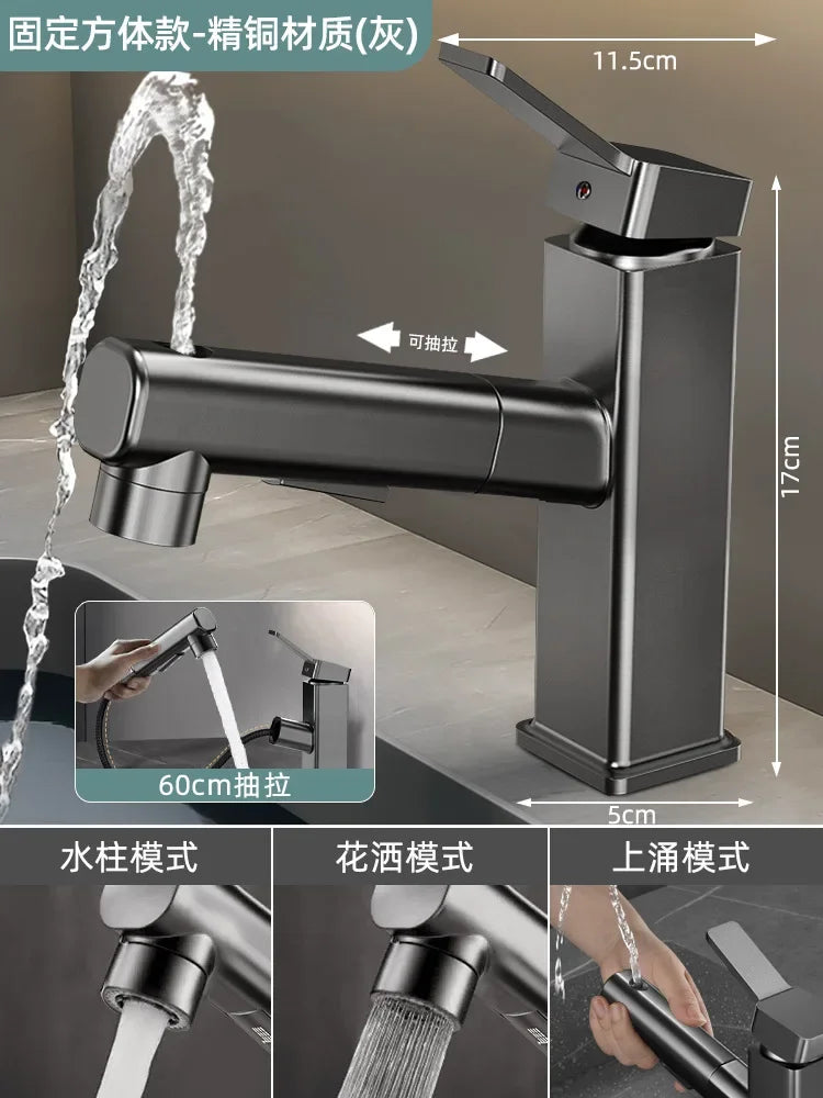 Pull Out Bathroom Faucet Hot and Cold Water Mixer Basin Sink Three Mode Water Outlet Faucet Washbasin Tap