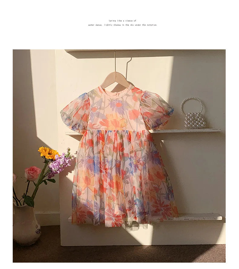 2023 sommer Kinder Kleidung Puff Sleeve Blumen Druck Kleid Für Mädchen Mesh Kinder Kleid für Mädchen