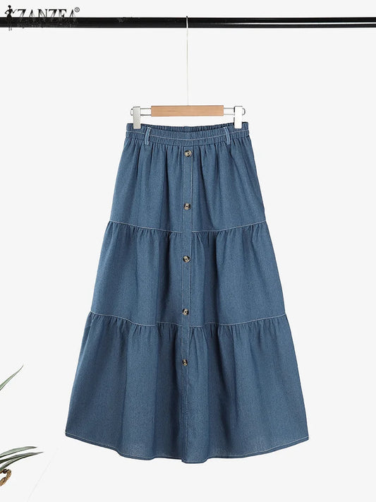Autumn Elastic Waist Solid Skirts ZANZEA Fashion Women Denim Blue Skirt Elegant A-line Work Overskirts Casual Loose Holiday Jupe.