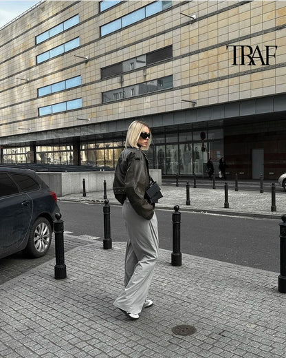 TRAF Damen Vintage lose Lederjacke Gürtel Schulter Abzeichen Zip Revers Jacke Handsome Washed Leder Motorrad Kleidung.