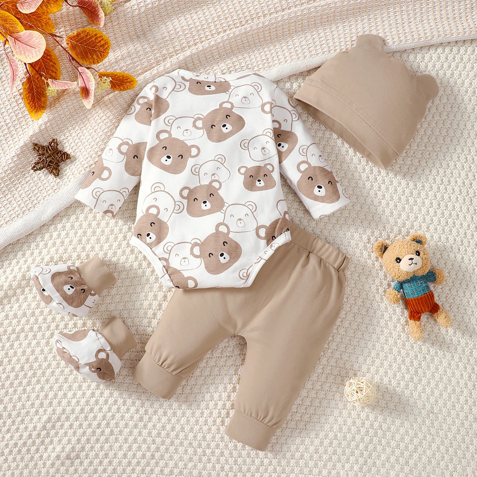 0-9 Months Baby Boy Set Little Bear Long Sleeve Bodysuit+Pants+Hat+Socks 4pcs/Set Baby Spring Autumn clothing Newborn set.