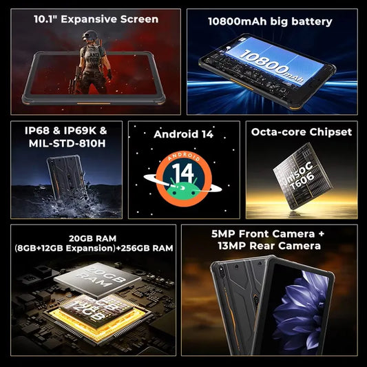 Rugged Tablet HOTWAV R10 Pro 20 (8+12)GB + 256GB, 10.1'' Display, 5MP+13MP Cameras, Android 14.0, 10800mAh Battery, Dual SIM, GPS, 4G.