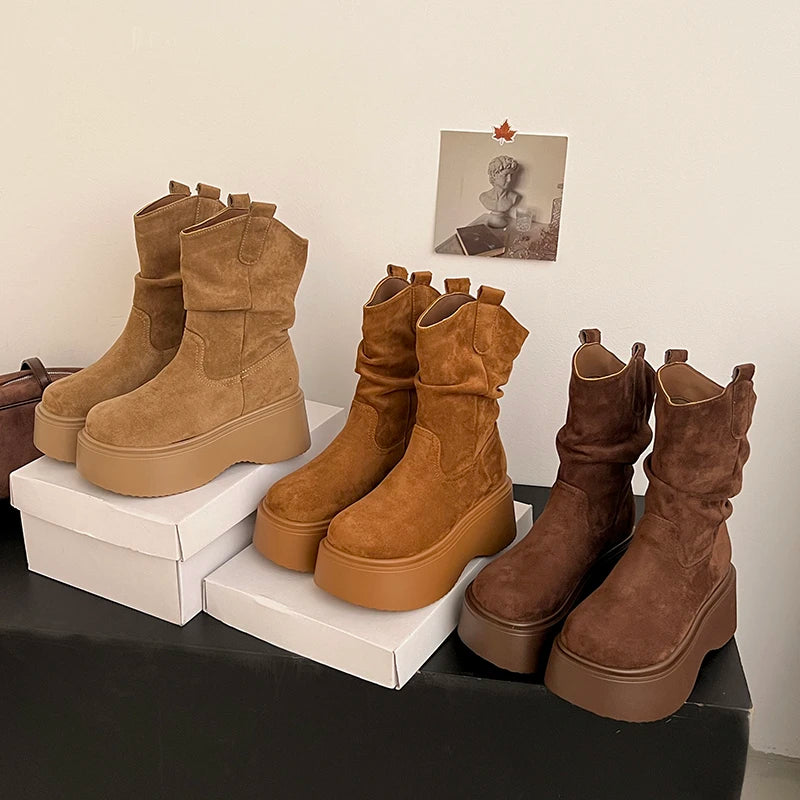 Chunky Platform Thick Sole Woman Ankle Boots Design Round Toe Slip On Shoes  2025 Autumn Winter Short Botas Para Mujer