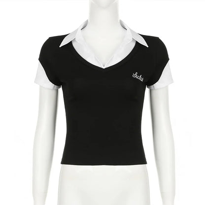 Women's Short Sleeve T-Shirt, Slim, Turn-Down Collar, Preppy Style, Patchwork, Casual, Summer Fashion, Fake 2 Piece, 2024.