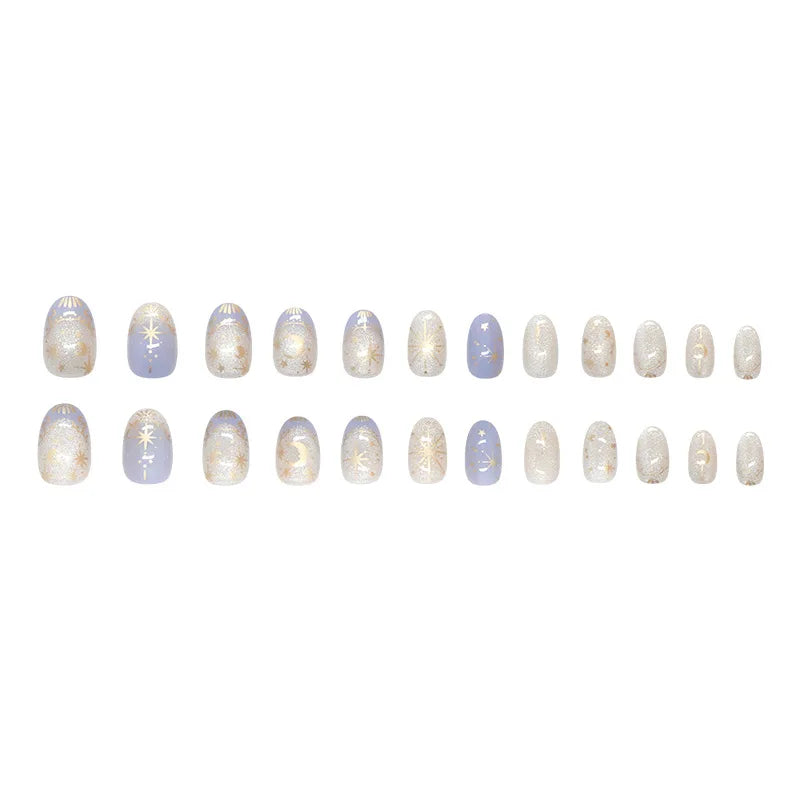 24pcs Romantic Y2k Star Press On Nails Gradient Blue French Style Gold Moon Designs Fake Nail Sweet Almond False Nails For Women.