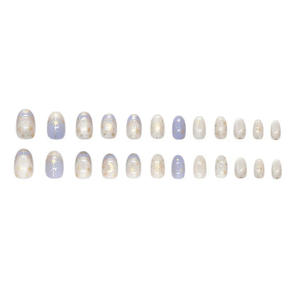 24pcs Romantic Y2k Star Press On Nails Gradient Blue French Style Gold Moon Designs Fake Nail Sweet Almond False Nails For Women.