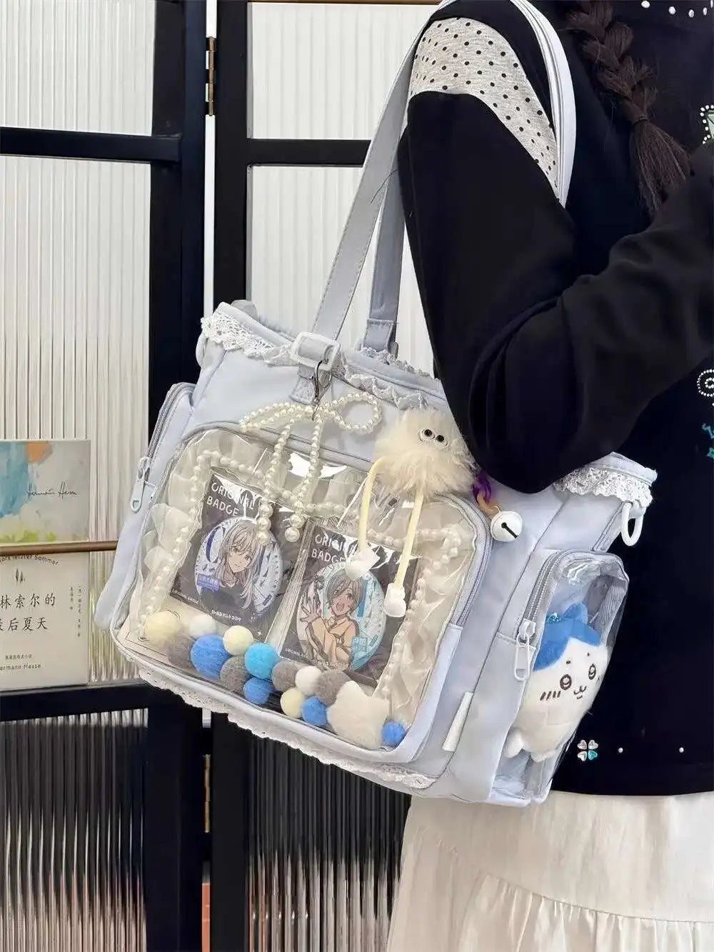 New Y2K Cute Japanese Ita Bag Lolita Girl Transparent Shoulder Tote Bag Large Capacity Crossbody Casual Bag DIY Display Handbags.