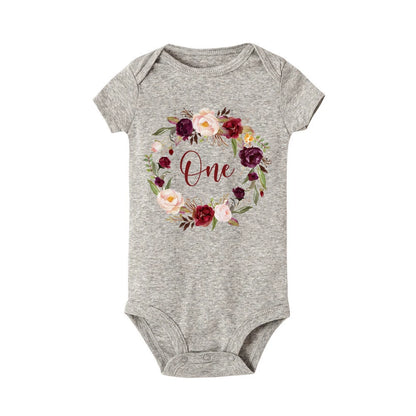 Kleinkind-Body mit Blumen- und Ein-Druck, lässig, kurzärmelig, für den ersten Geburtstag, Baby-Strampler, Sommer-Geburtstagsfeier, Blumenmädchen-Kleidung.