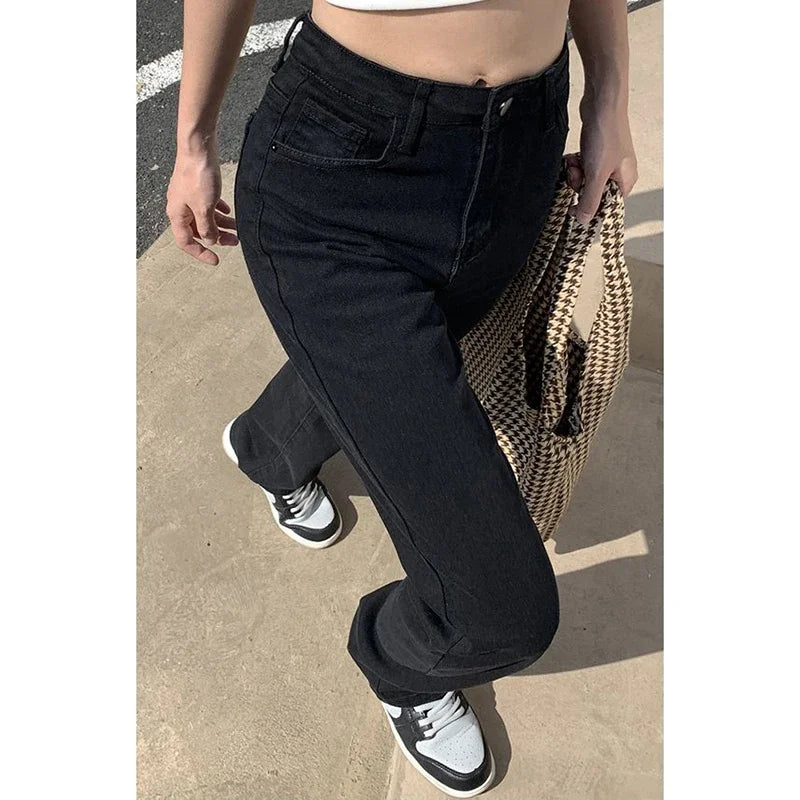 Frau Koreanische Hohe Taille Streetwear Gerade Bein Jeans Mädchen Y2k Kleidung Hosen Weibliche Mode Schwarz Baggy Harajuku Denim Hosen.