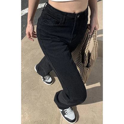 Frau Koreanische Hohe Taille Streetwear Gerade Bein Jeans Mädchen Y2k Kleidung Hosen Weibliche Mode Schwarz Baggy Harajuku Denim Hosen.