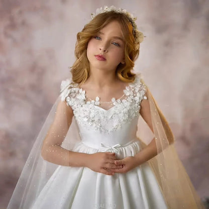 Weißes Mädchen-Hochzeits-Blumenmädchenkleid für Kinder, ärmellos, Ballkleid, langer Zug, Party, Festzug, Klavier, Rezital, Geburtstag, Leistung, Neu.