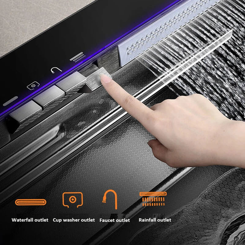 Kitchen Basin Stainless Steel Waterfall Sink Large Single Slot Integrated Digital Display Faucet Set Soap Dispenser Cup Washer