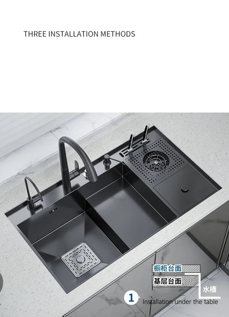 Nano Kitchen Sink Multi-Function Stepped Kitchen Sink 304 Stainless Steel Vegetable Washing Basin With High Pressure Cup Washer