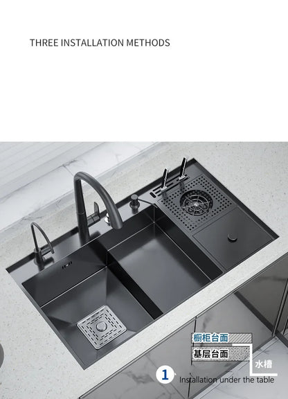 Nano Kitchen Sink Multi-Function Stepped Kitchen Sink 304 Stainless Steel Vegetable Washing Basin With High Pressure Cup Washer