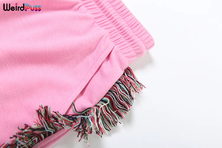 Weird Puss Casual Sporty 2 Piece Set Women Letter Embroidery Crop Tops+Side Tassel Straight Pants Matching Streetwear Tracksuits