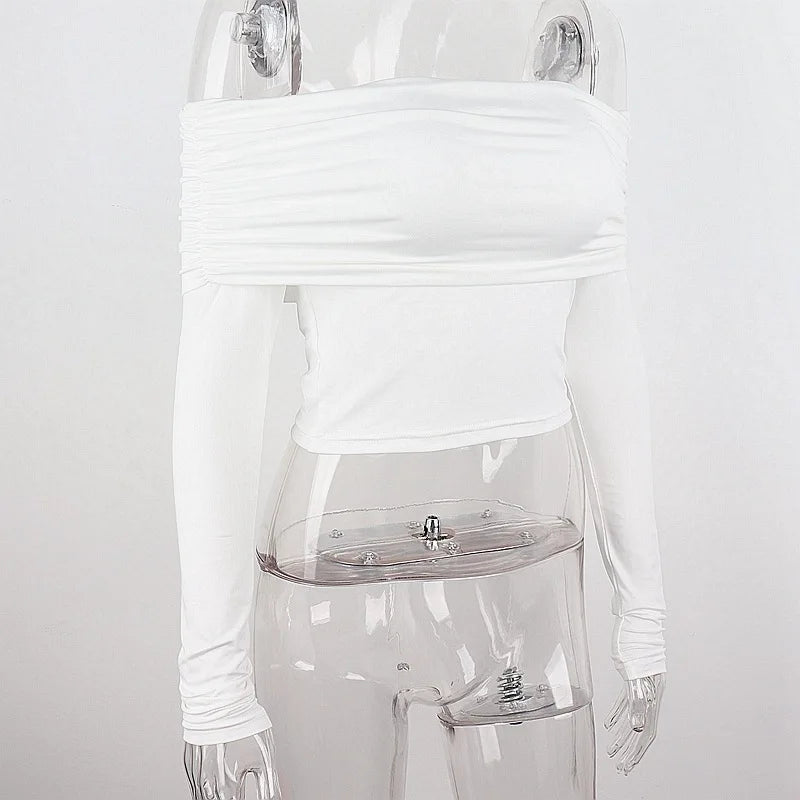 Women Off Shoulder Long Sleeve Slim Tops and Blouses Mesh Ruched Crop Tops Summer Autumn Y2K Sexy Elegant Shirts Female.