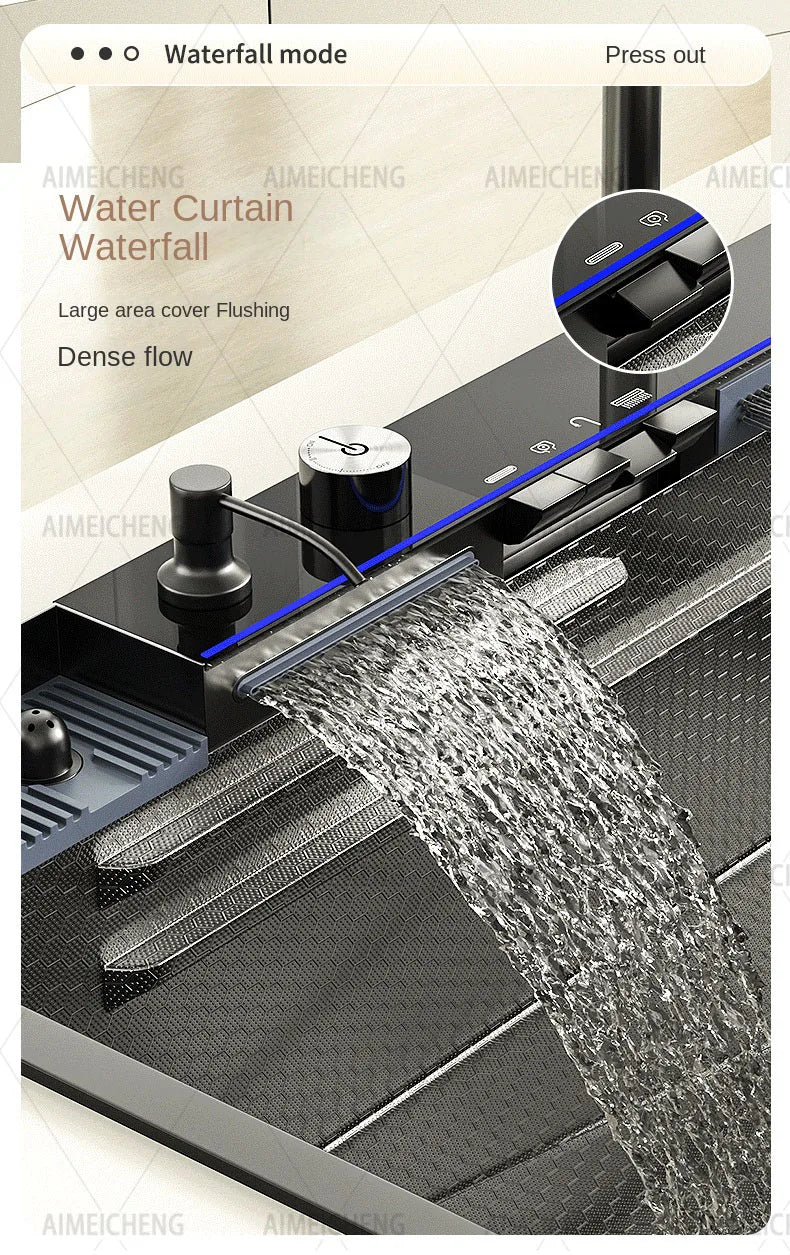 Heißer verkauf Edelstahl Wasserfall Küche Waschbecken Mit Messer Halter Digital Display Wasserhahn Set Geprägte Extra Große Einzigen Slot