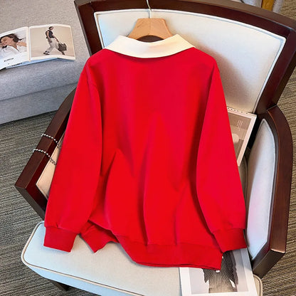 170kg plus size Damen büste Herbst lose Revers Langarm Sweatshirt schwarz rot 6xl 7xl 8xl 9xl 10xl 11xl.